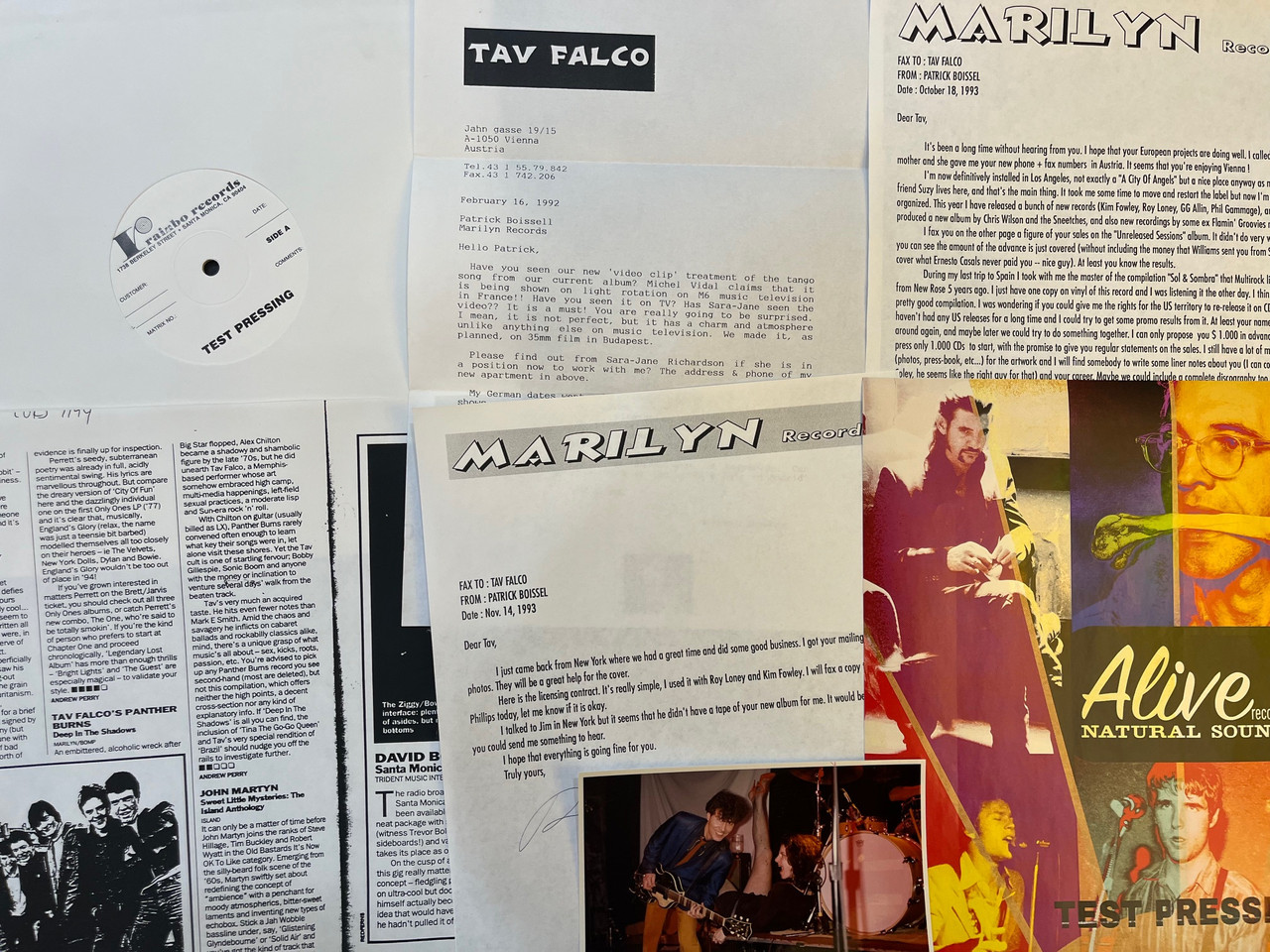 TAV FALCO'S PANTHER BURNS - WHITE VINYL TEST PRESSING SET WITH PERSONAL LETTERS, PHOTO,AND MORE!